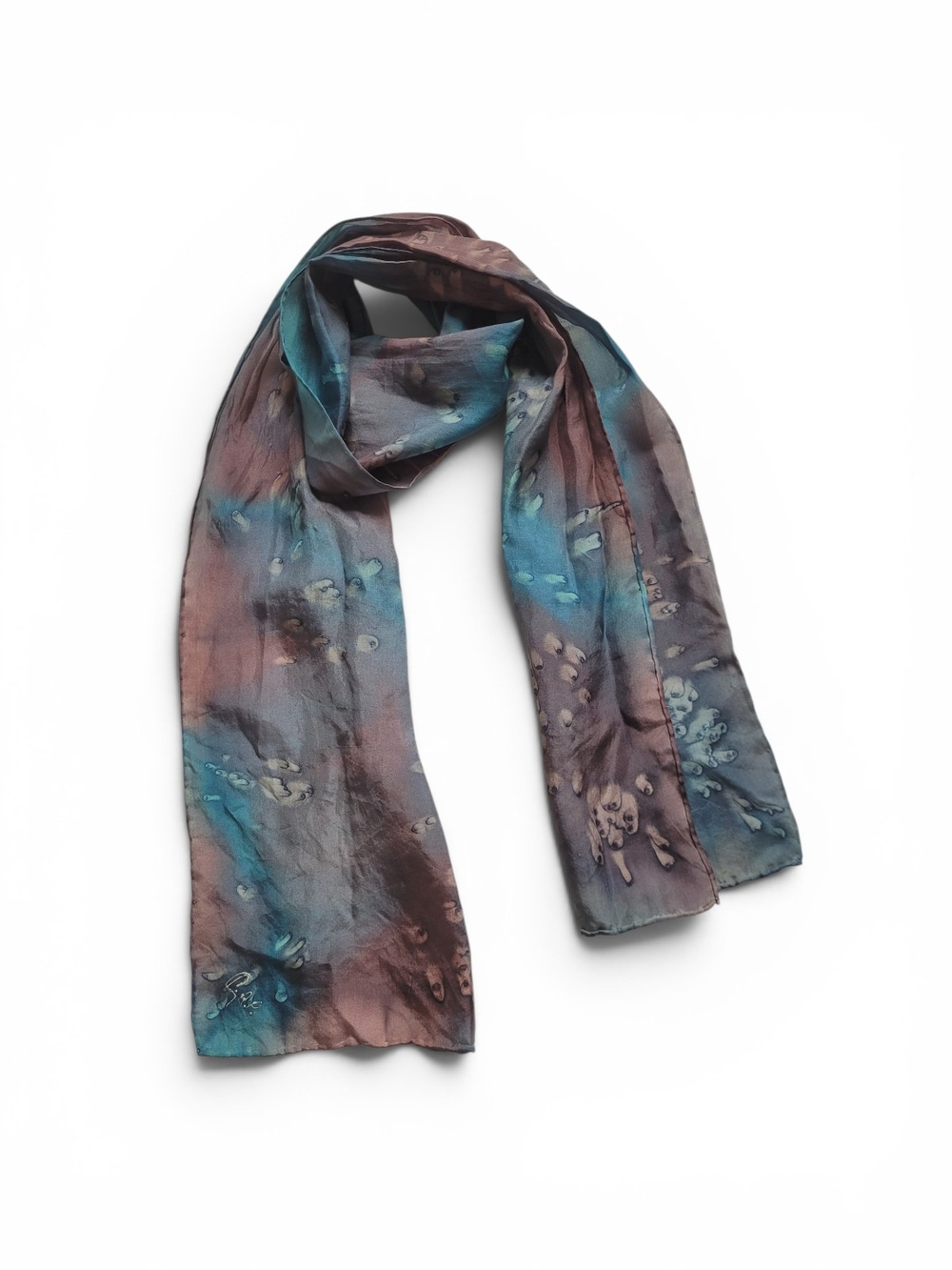 Vintage Silk Scarf Salt Dye Moody Colors Slim Rectangle Teal Plum